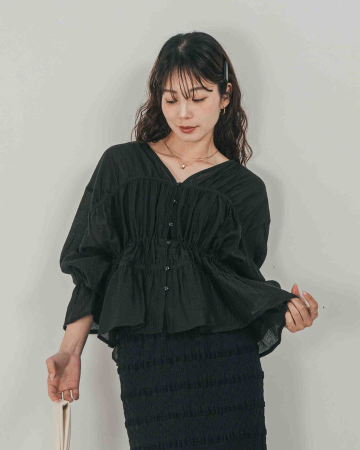 ［SET］Soft シャーリングブラウス + ジャガードカットソータイトスカート（2SET）