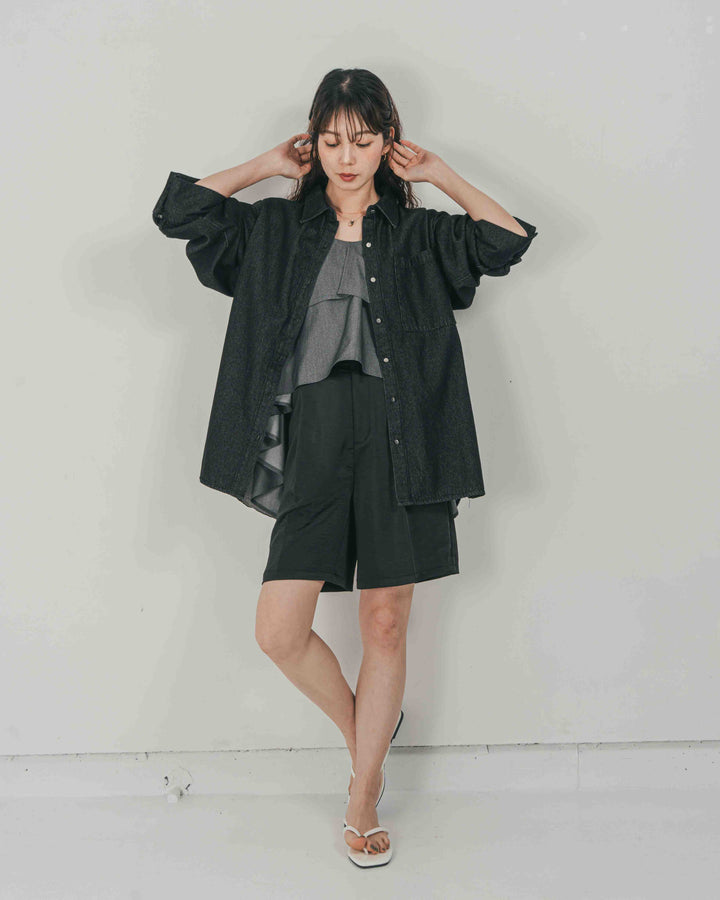 ［SET］Airy Denim オーバーシャツ + Vintageサテン　ハーフパンツ（2SET）