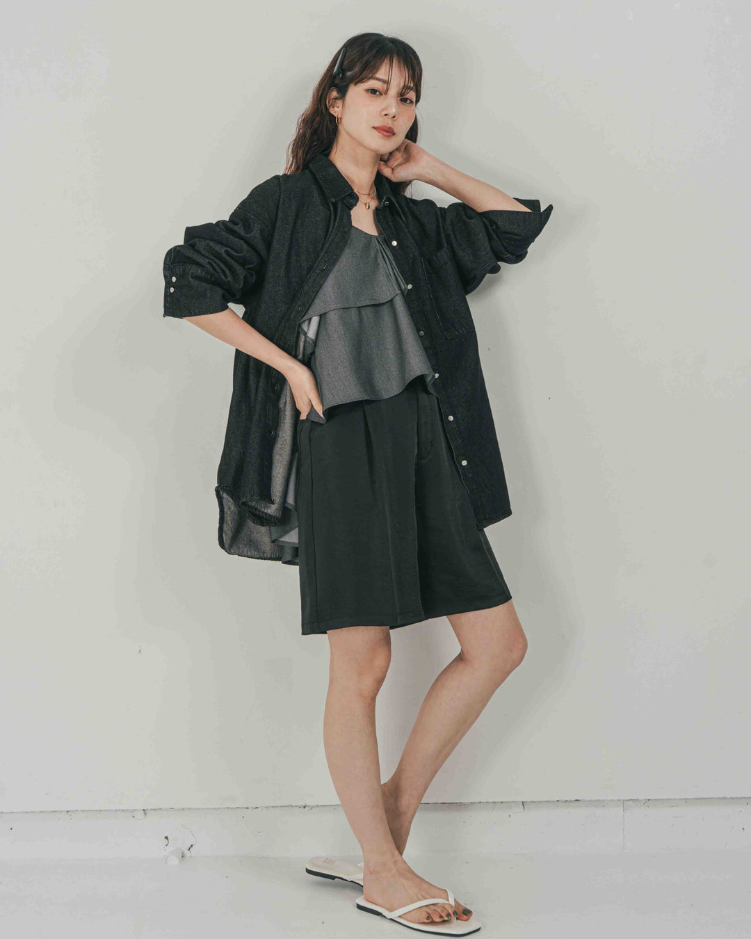 ［SET］Airy Denim オーバーシャツ + Vintageサテン　ハーフパンツ（2SET）