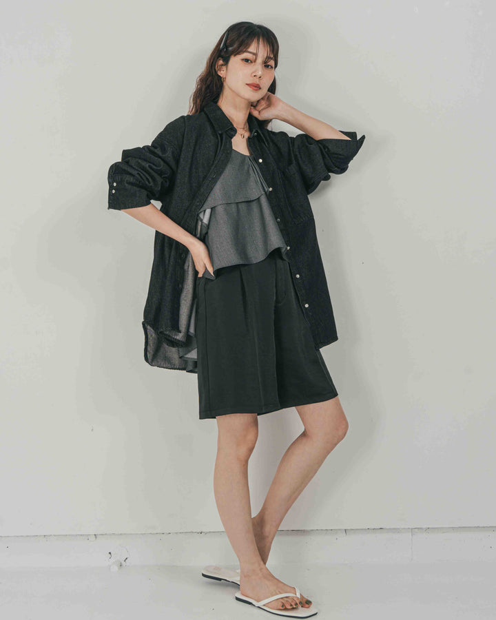 ［SET］Airy Denim オーバーシャツ + Vintageサテン　ハーフパンツ（2SET）
