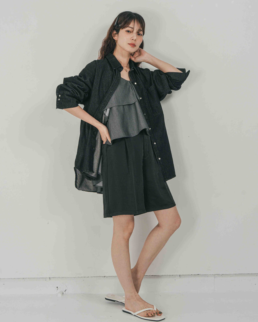 ［SET］Airy Denim オーバーシャツ + Vintageサテン　ハーフパンツ（2SET）