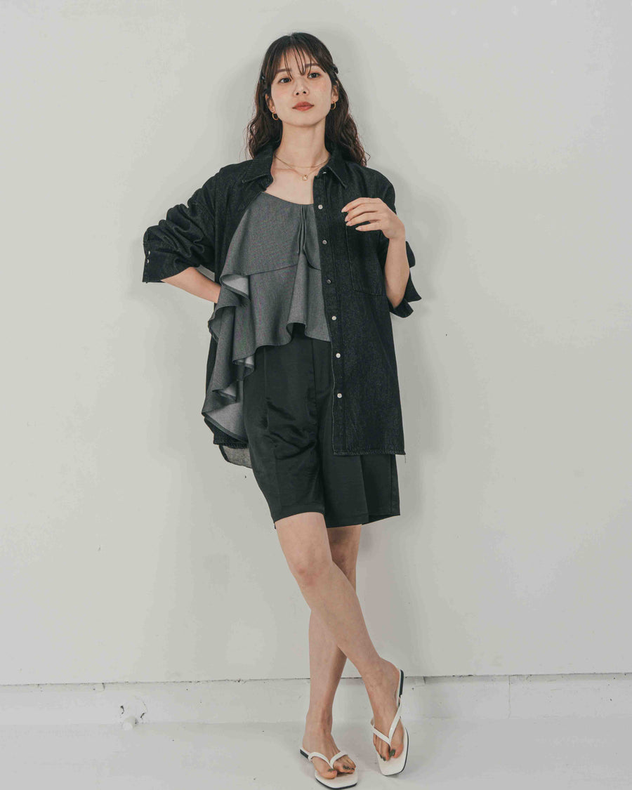 ［SET］Airy Denim オーバーシャツ + Vintageサテン　ハーフパンツ（2SET）