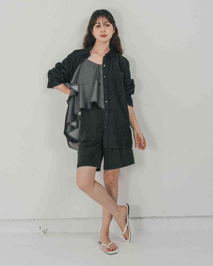 ［SET］Airy Denim オーバーシャツ + Vintageサテン　ハーフパンツ（2SET）
