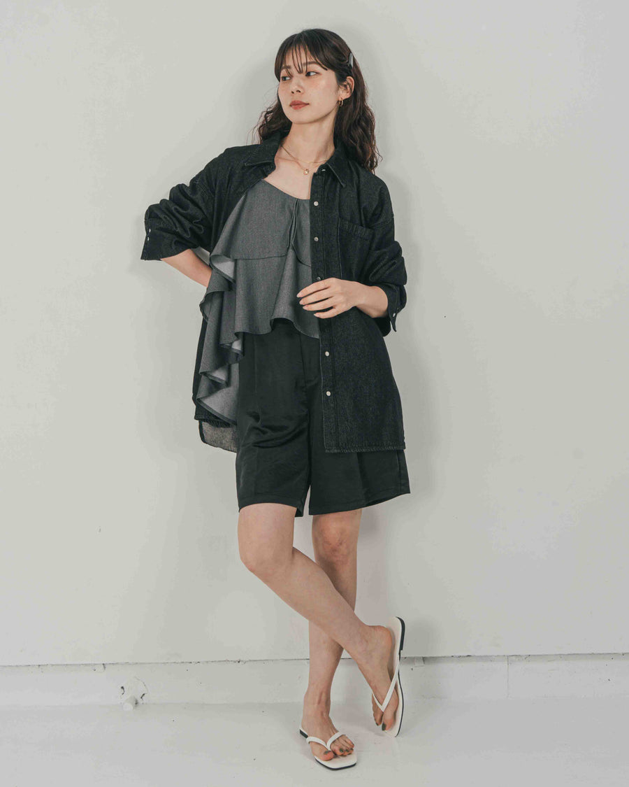 ［SET］Airy Denim オーバーシャツ + Vintageサテン　ハーフパンツ（2SET）