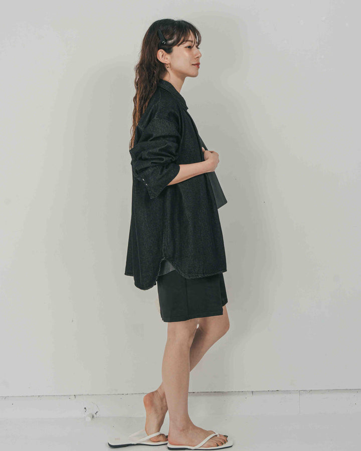 ［SET］Airy Denim オーバーシャツ + Vintageサテン　ハーフパンツ（2SET）