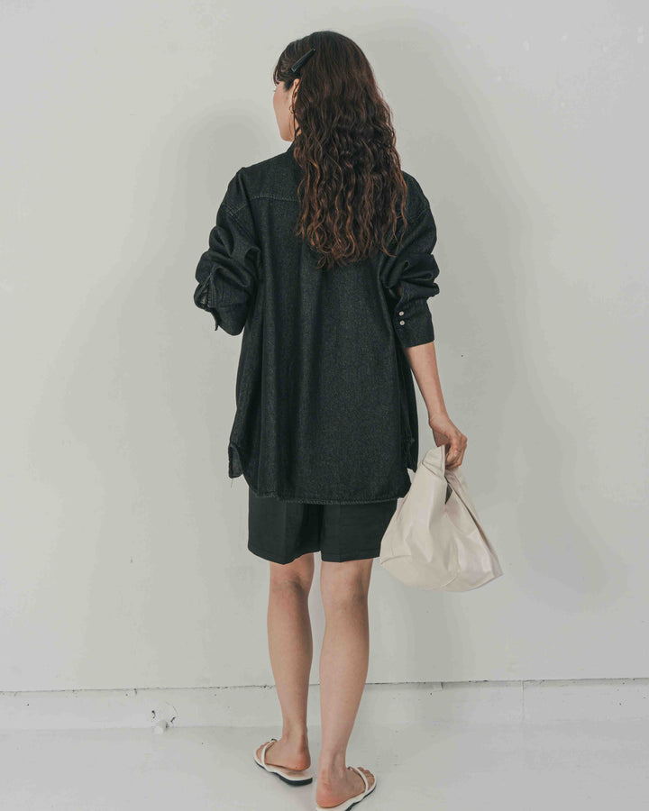 ［SET］Airy Denim オーバーシャツ + Vintageサテン　ハーフパンツ（2SET）