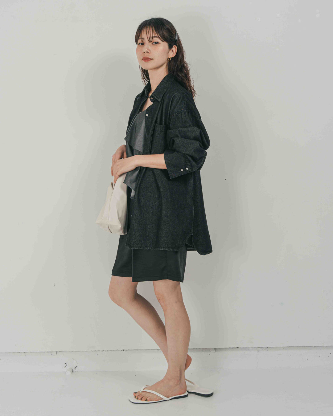 ［SET］Airy Denim オーバーシャツ + Vintageサテン　ハーフパンツ（2SET）