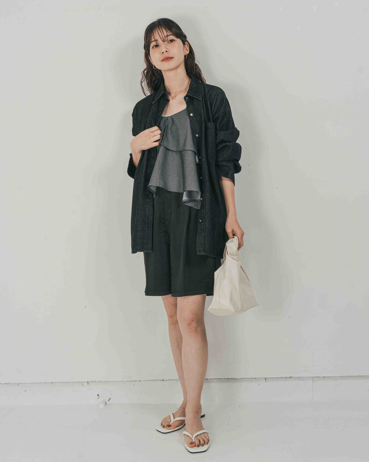 ［SET］Airy Denim オーバーシャツ + Vintageサテン　ハーフパンツ（2SET）