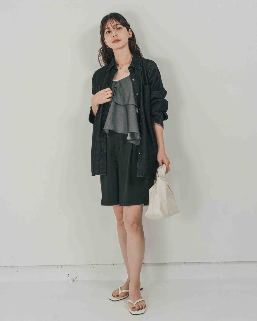 ［SET］Airy Denim オーバーシャツ + Vintageサテン　ハーフパンツ（2SET）