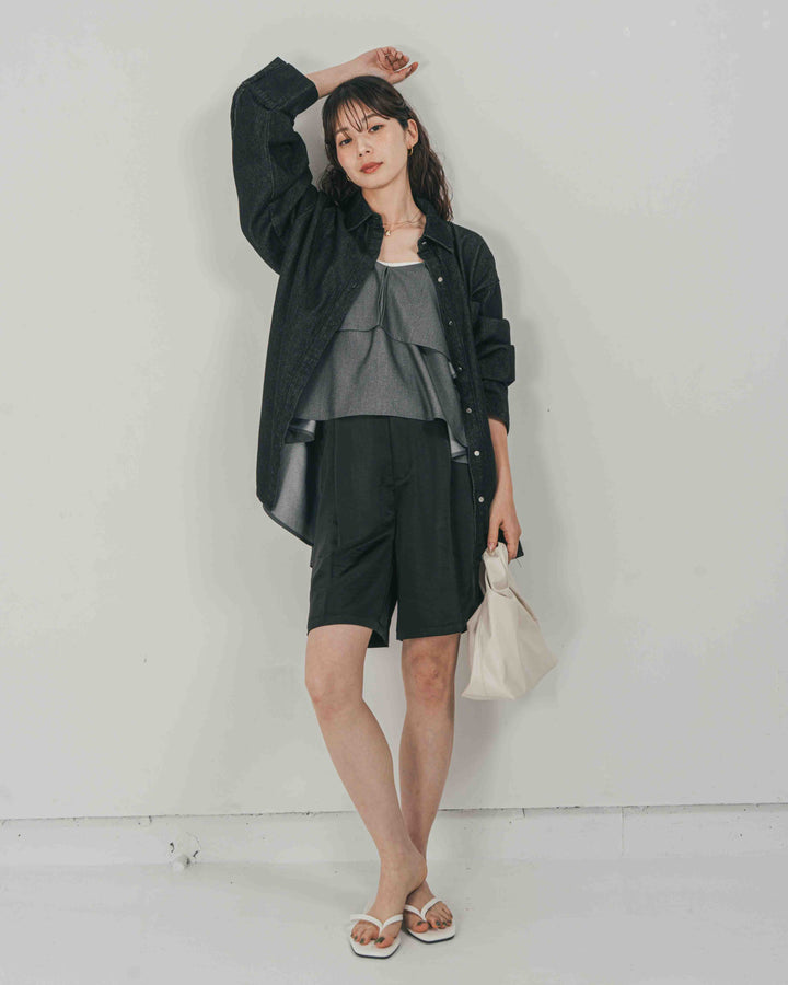 ［SET］Airy Denim オーバーシャツ + Vintageサテン　ハーフパンツ（2SET）