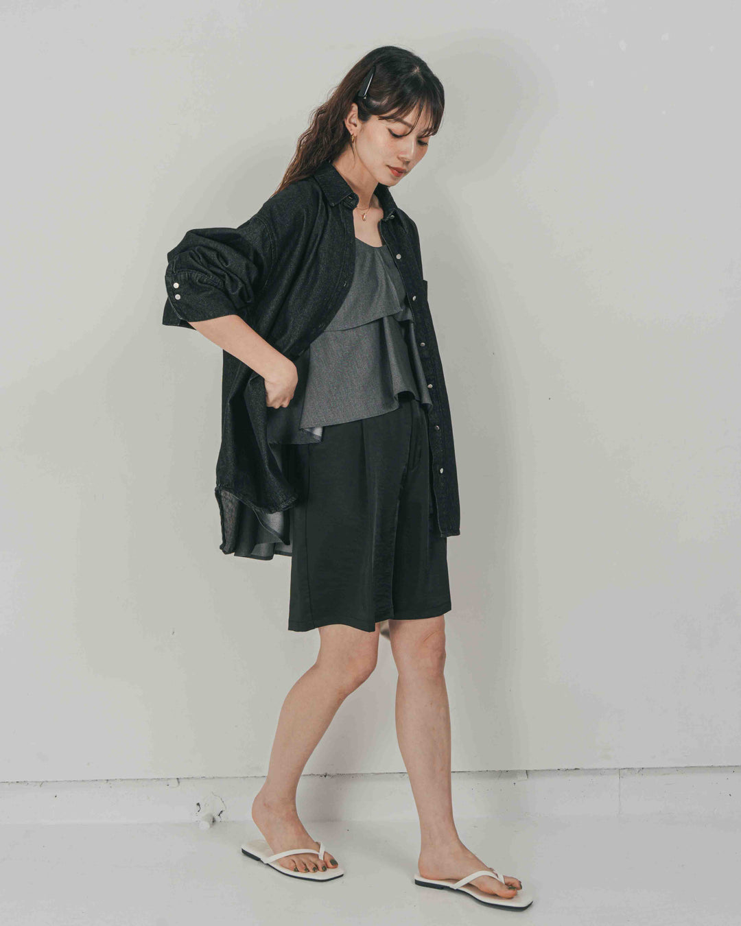 ［SET］Airy Denim オーバーシャツ + Vintageサテン　ハーフパンツ（2SET）