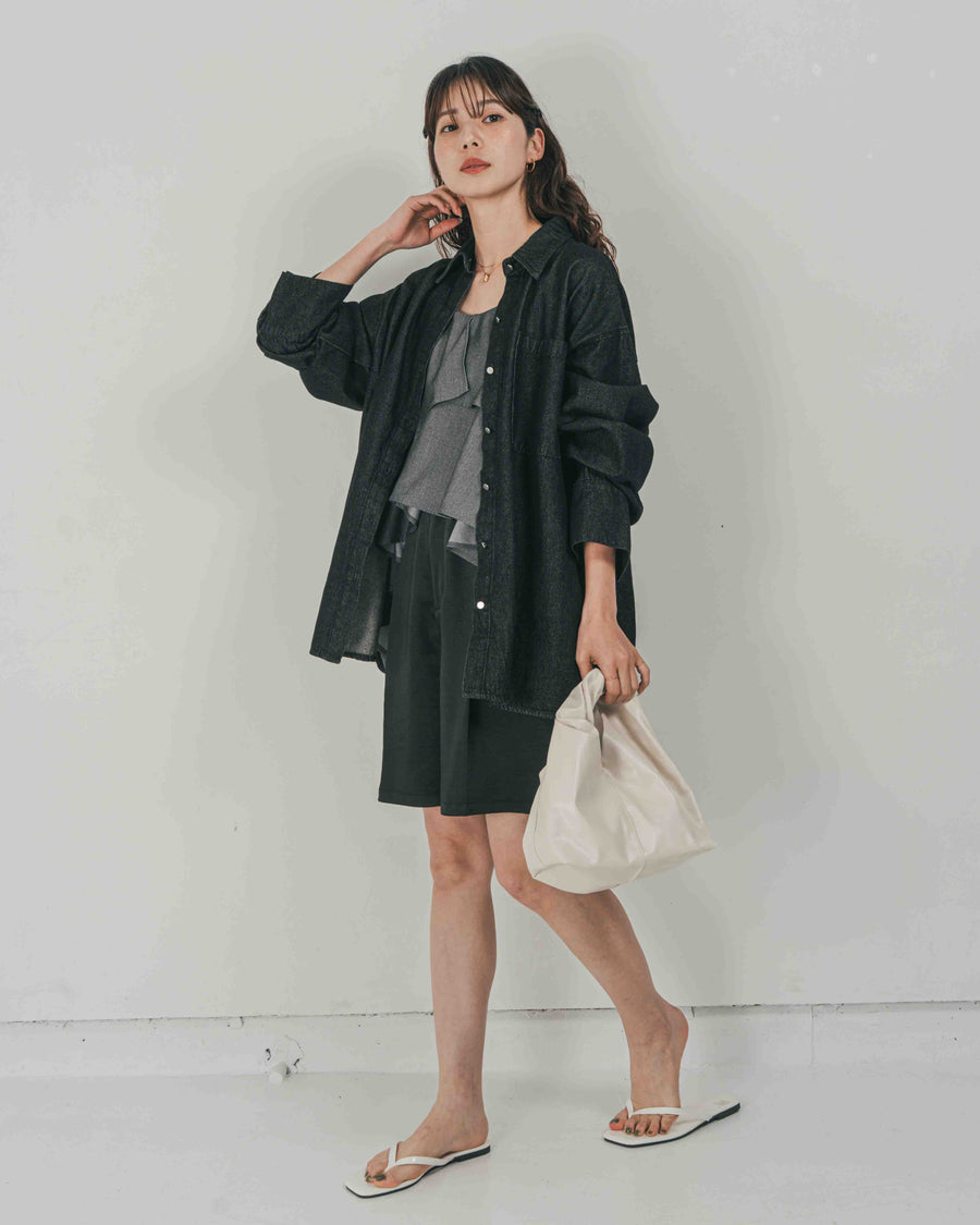 ［SET］Airy Denim オーバーシャツ + Vintageサテン　ハーフパンツ（2SET）