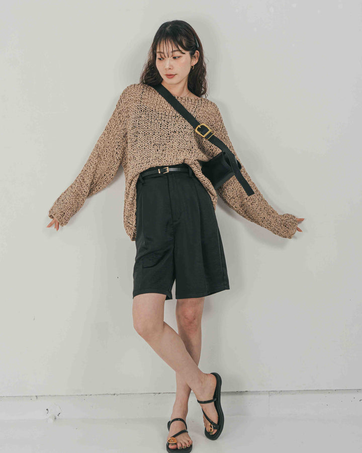 ［SET］エアリールーズオーバーニット + Vintageサテン　ハーフパンツ（2SET）