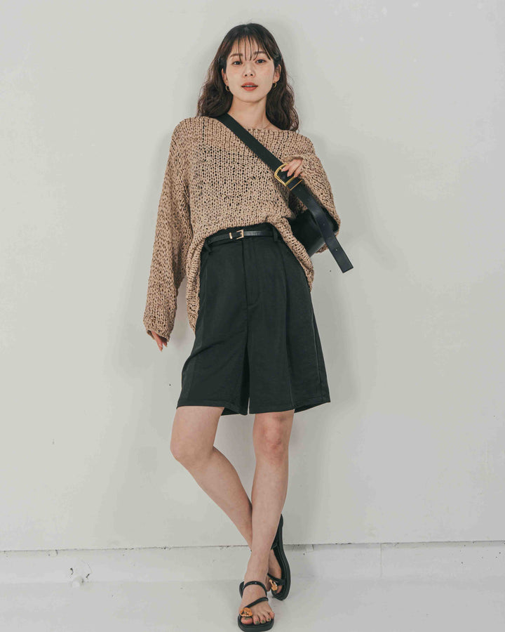 ［SET］エアリールーズオーバーニット + Vintageサテン　ハーフパンツ（2SET）