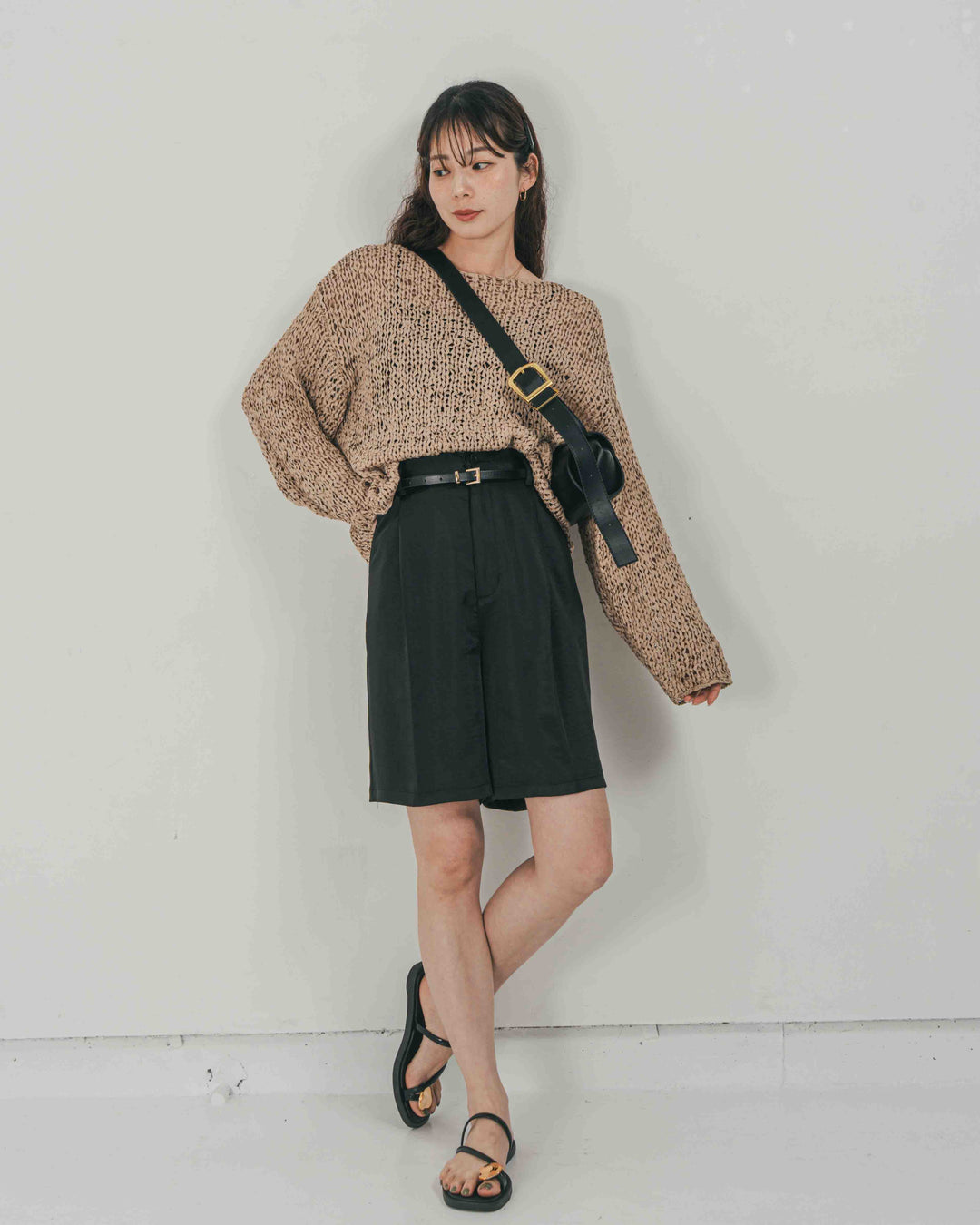 ［SET］エアリールーズオーバーニット + Vintageサテン　ハーフパンツ（2SET）