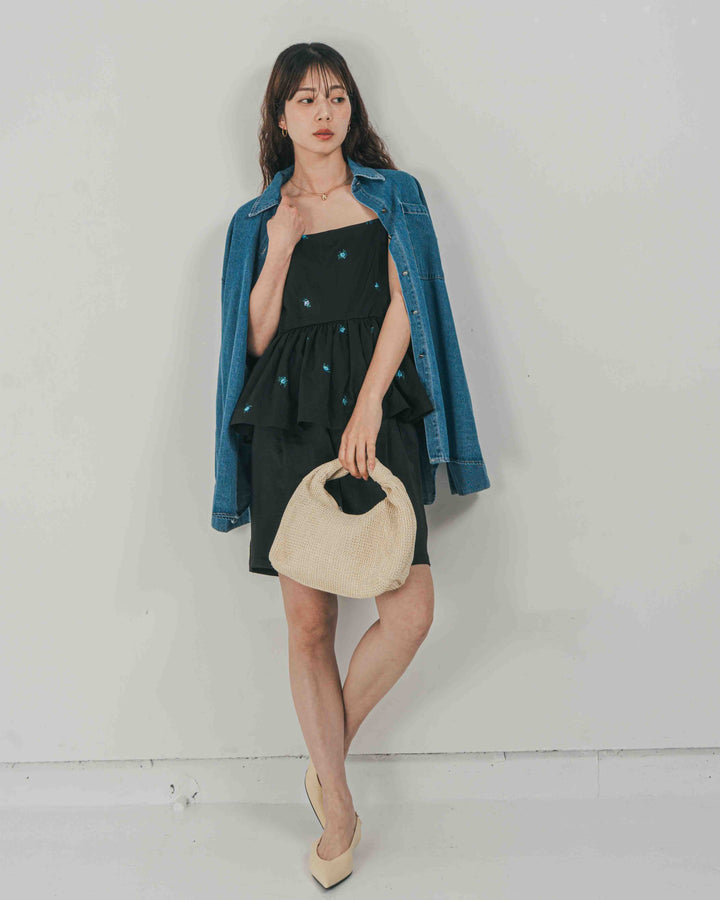［SET］Flower刺繍　ボリュームキャミ + Vintageサテン　ハーフパンツ（2SET）