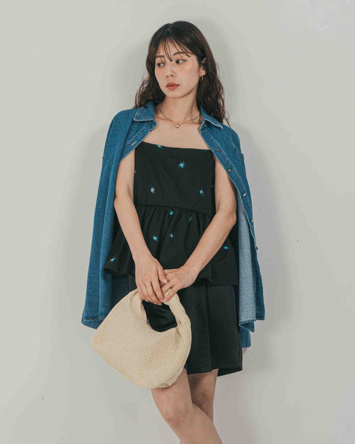 ［SET］Flower刺繍　ボリュームキャミ + Vintageサテン　ハーフパンツ（2SET）