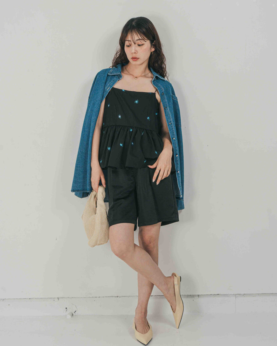 ［SET］Flower刺繍　ボリュームキャミ + Vintageサテン　ハーフパンツ（2SET）