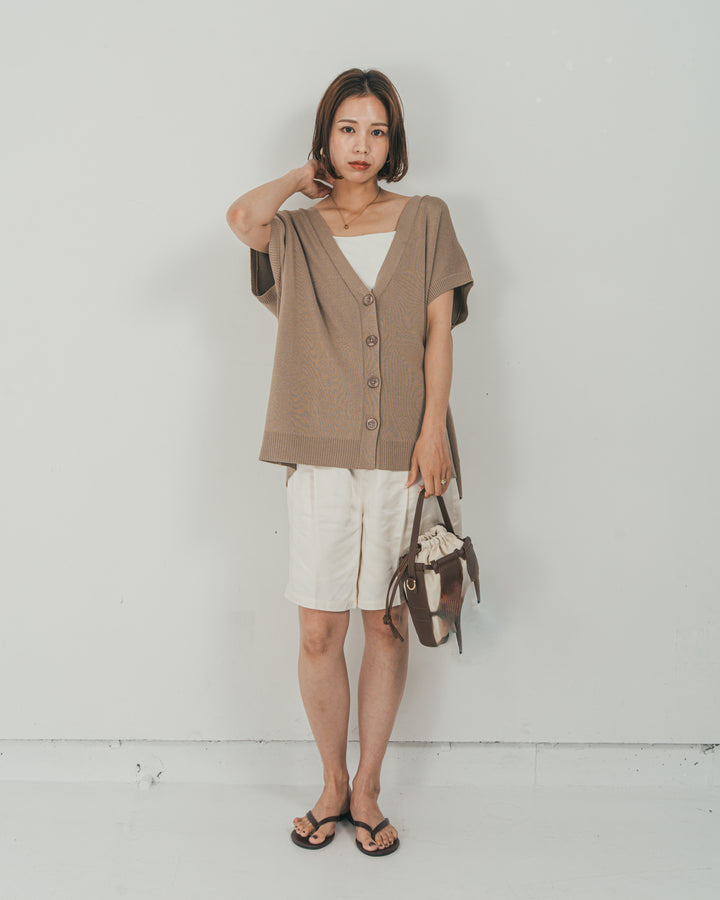 ［SET］VネックRelaxニットベスト + Vintageサテン　ハーフパンツ（2SET）