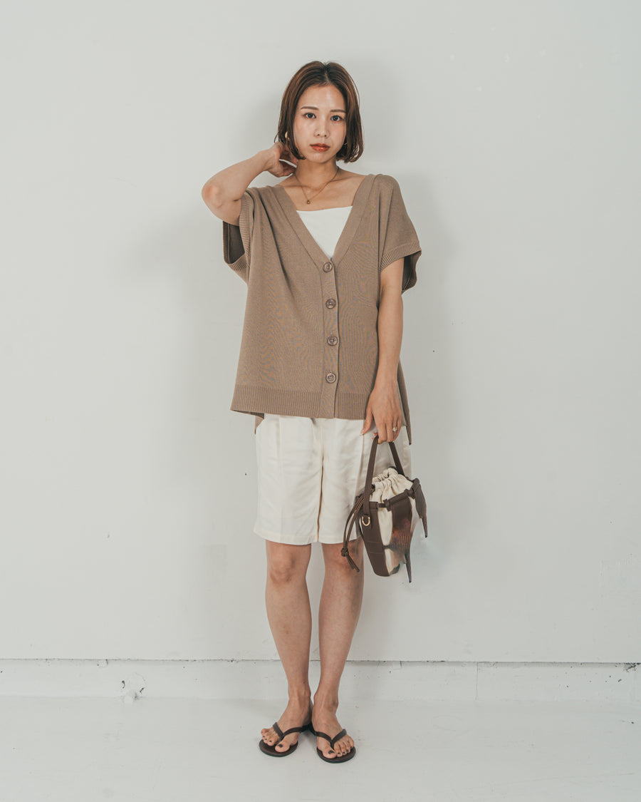 ［SET］VネックRelaxニットベスト + Vintageサテン　ハーフパンツ（2SET）