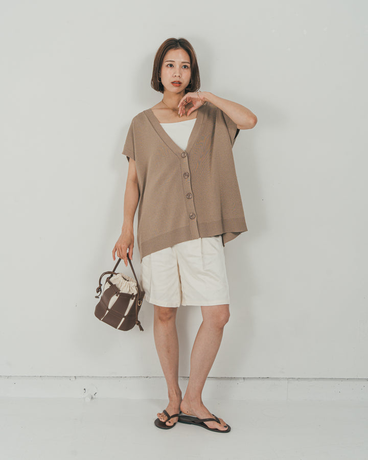 ［SET］VネックRelaxニットベスト + Vintageサテン　ハーフパンツ（2SET）