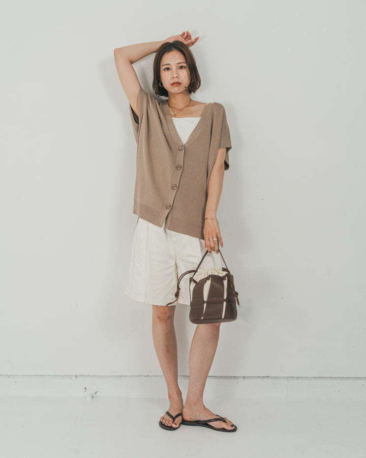 ［SET］VネックRelaxニットベスト + Vintageサテン　ハーフパンツ（2SET）