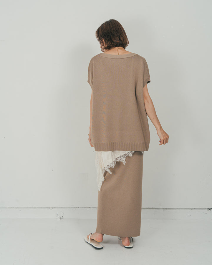 ［SET］VネックRelaxニットベスト + サテンアシメ レースキャミ + Relax Knit ストレートスカート（3SET）