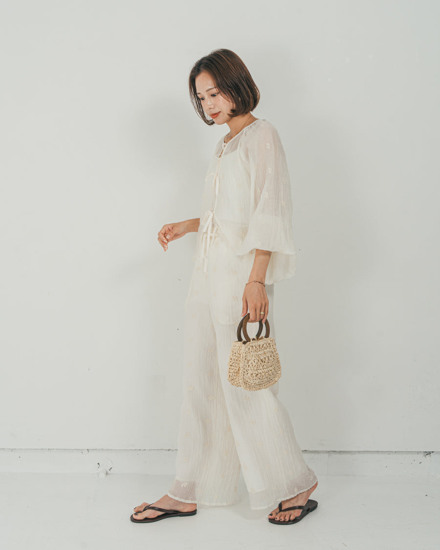 ［SET］フロントリボン刺繍 Veilブラウス + 刺繍 Veilロングパンツ（2SET）