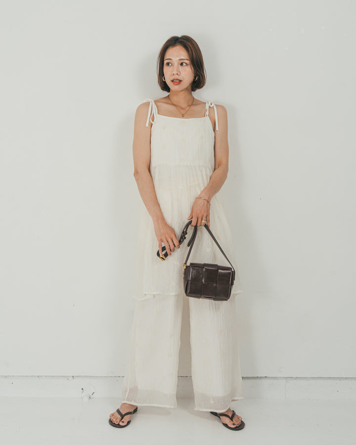 ［SET］ショルダーリボン刺繍Veilキャミ + 刺繍 Veilロングパンツ（2SET）