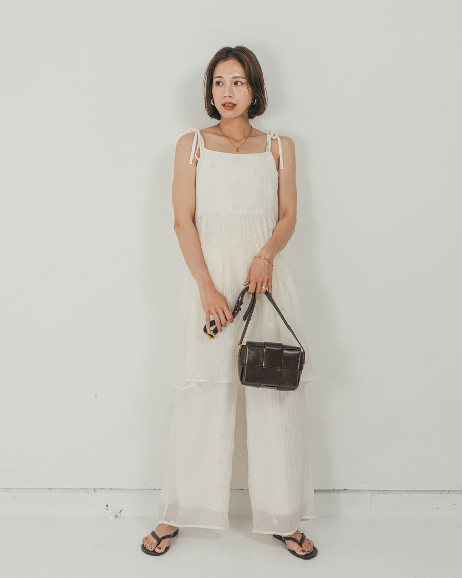 ［SET］ショルダーリボン刺繍Veilキャミ + 刺繍 Veilロングパンツ（2SET）