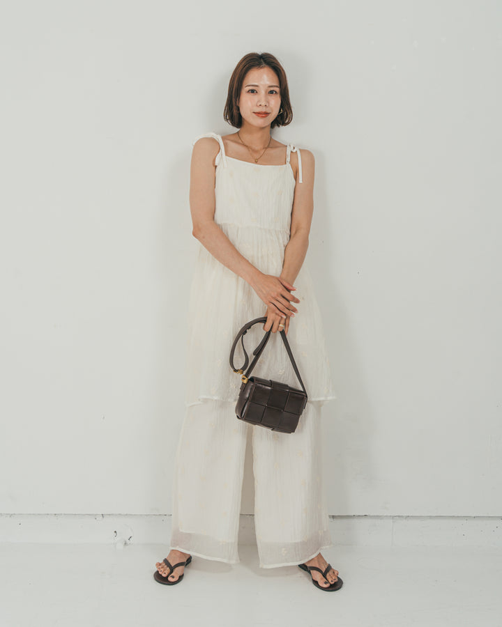 ［SET］ショルダーリボン刺繍Veilキャミ + 刺繍 Veilロングパンツ（2SET）
