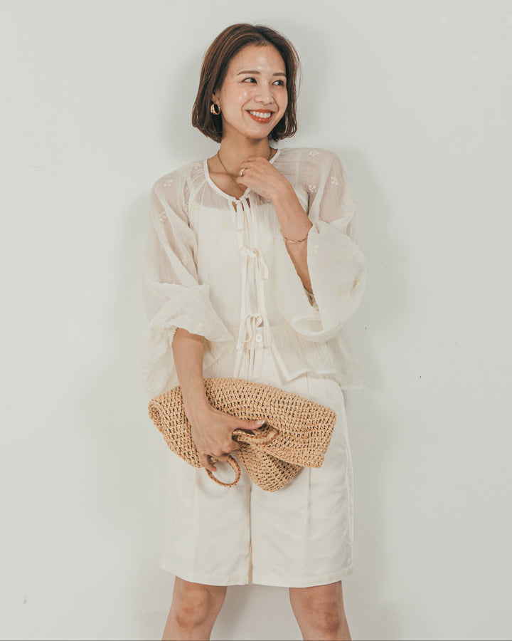 ［SET］フロントリボン刺繍 Veilブラウス + Vintageサテン　ハーフパンツ（2SET）