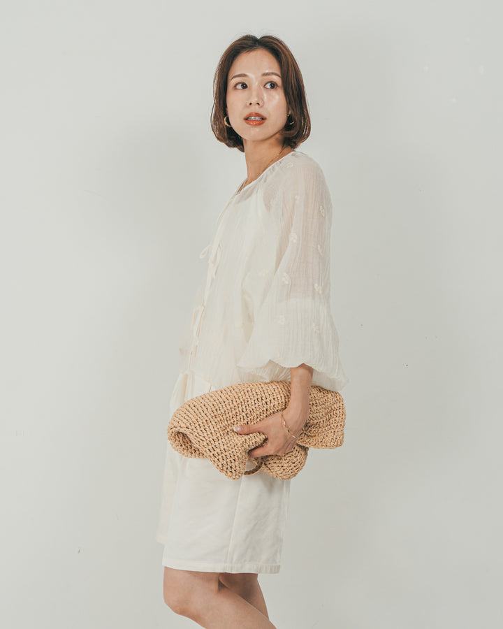 ［SET］フロントリボン刺繍 Veilブラウス + Vintageサテン　ハーフパンツ（2SET）