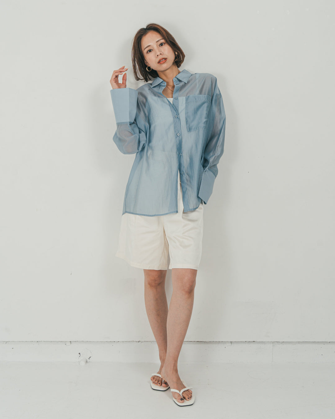 ［SET］Clear Sheer オーバーシャツ + Vintageサテン　ハーフパンツ（2SET）