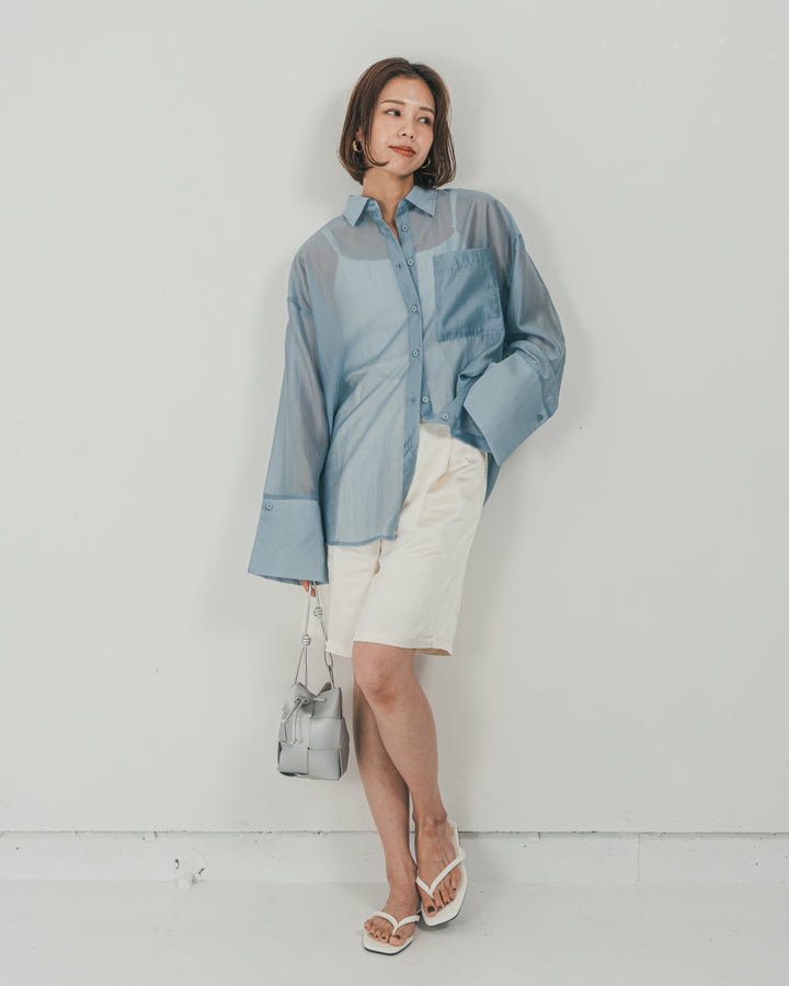 ［SET］Clear Sheer オーバーシャツ + Vintageサテン　ハーフパンツ（2SET）