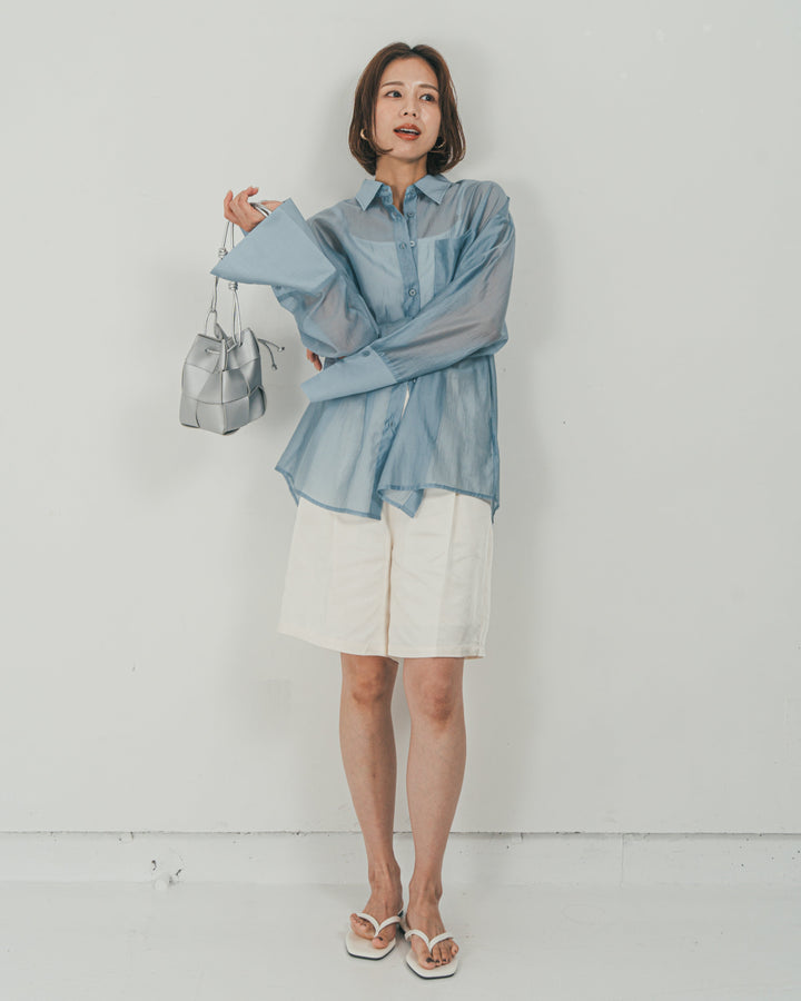［SET］Clear Sheer オーバーシャツ + Vintageサテン　ハーフパンツ（2SET）