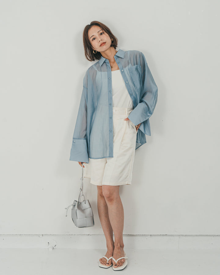 ［SET］Clear Sheer オーバーシャツ + Vintageサテン　ハーフパンツ（2SET）