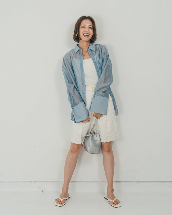 ［SET］Clear Sheer オーバーシャツ + Vintageサテン　ハーフパンツ（2SET）