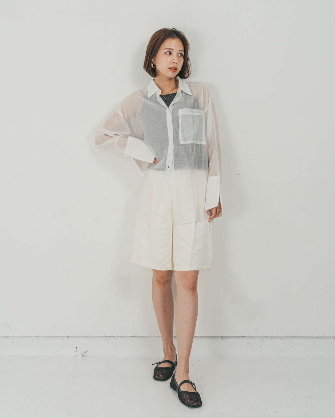 ［SET］Clear Sheer オーバーシャツ + Vintageサテン　ハーフパンツ（2SET）