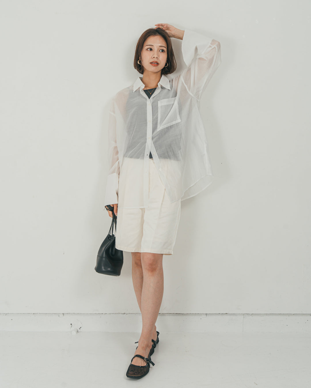 ［SET］Clear Sheer オーバーシャツ + Vintageサテン　ハーフパンツ（2SET）
