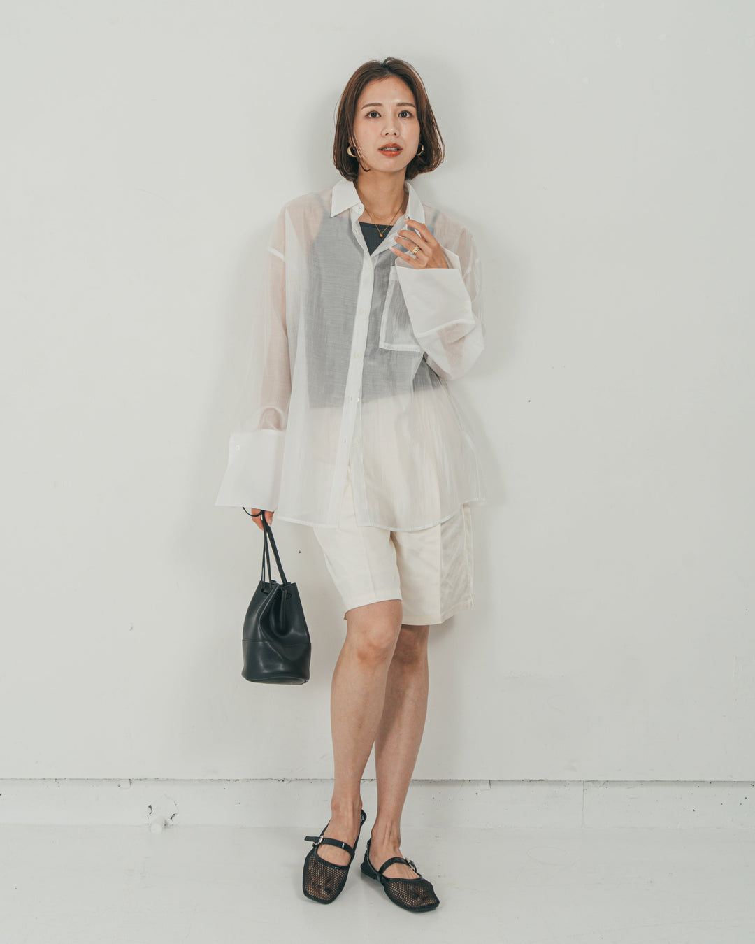 ［SET］Clear Sheer オーバーシャツ + Vintageサテン　ハーフパンツ（2SET）