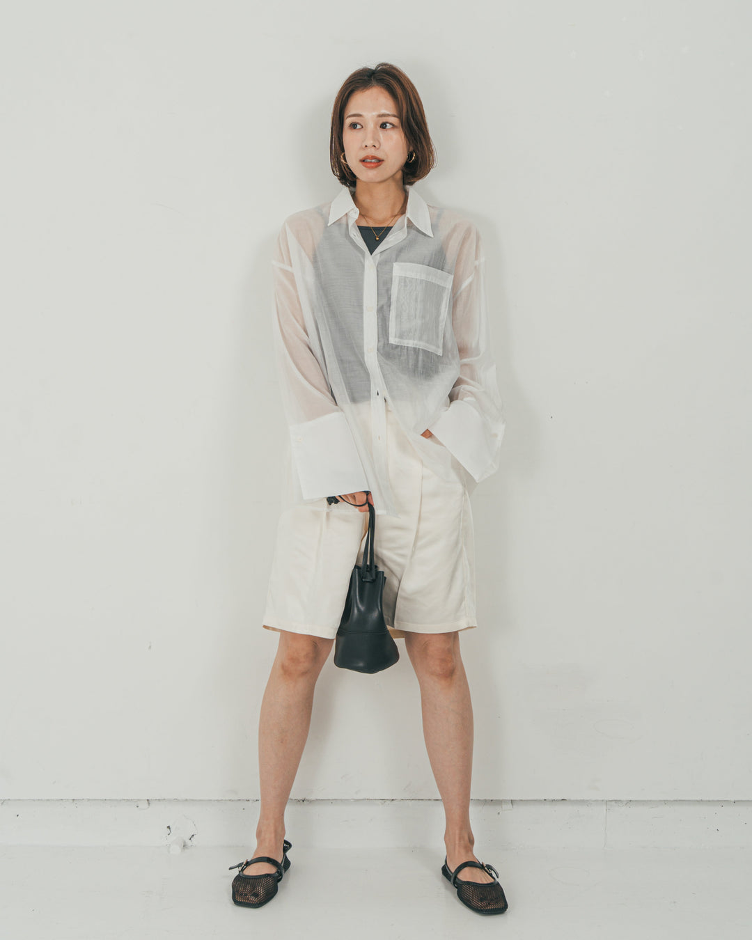 ［SET］Clear Sheer オーバーシャツ + Vintageサテン　ハーフパンツ（2SET）