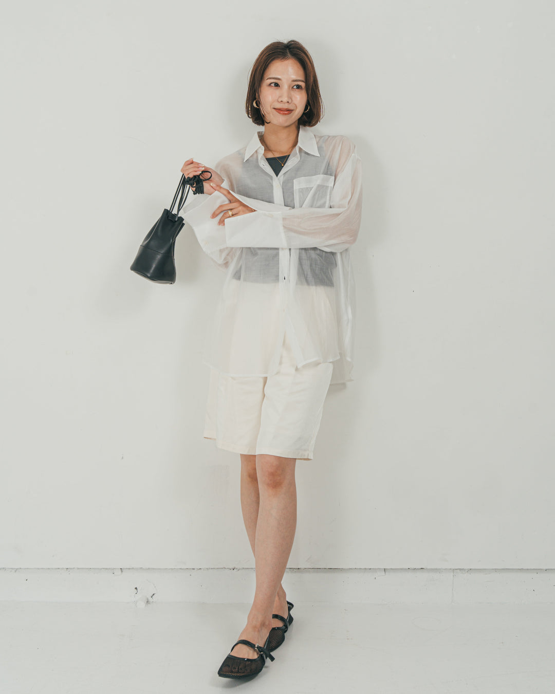 ［SET］Clear Sheer オーバーシャツ + Vintageサテン　ハーフパンツ（2SET）
