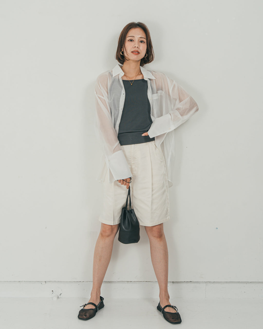 ［SET］Clear Sheer オーバーシャツ + Vintageサテン　ハーフパンツ（2SET）