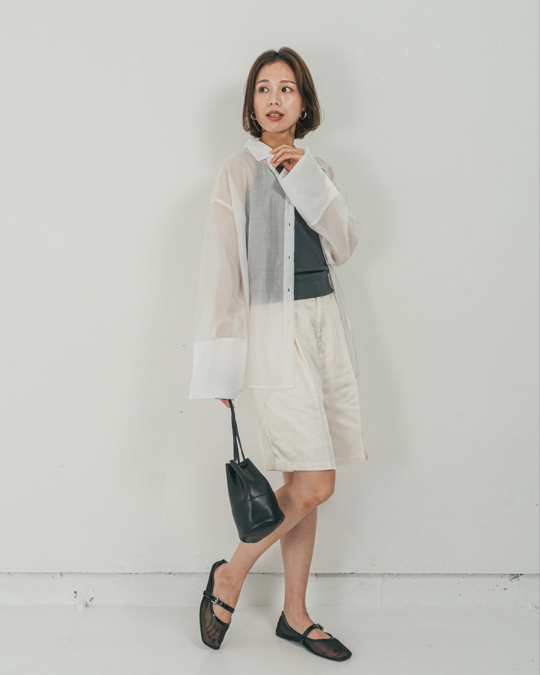 ［SET］Clear Sheer オーバーシャツ + Vintageサテン　ハーフパンツ（2SET）