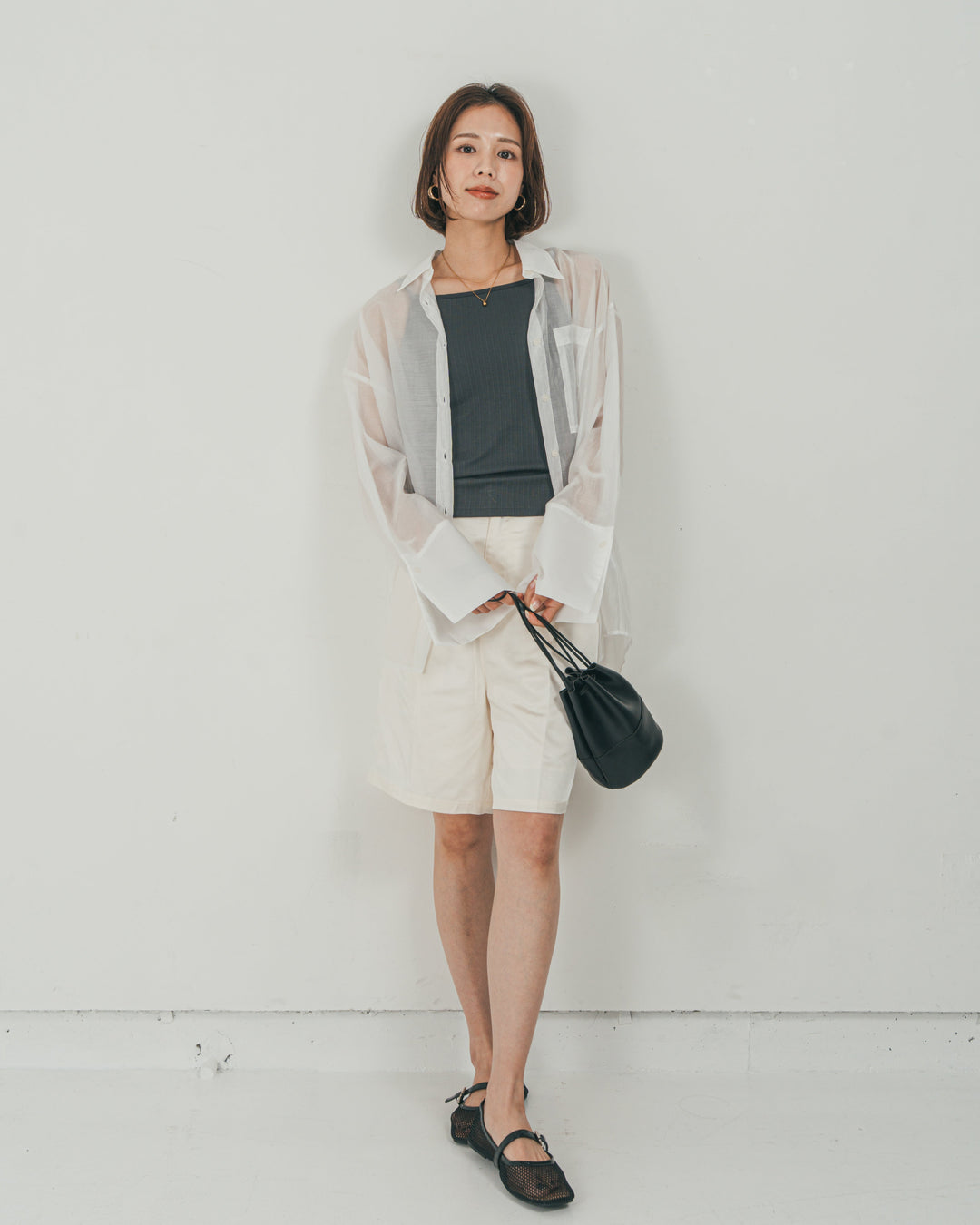 ［SET］Clear Sheer オーバーシャツ + Vintageサテン　ハーフパンツ（2SET）