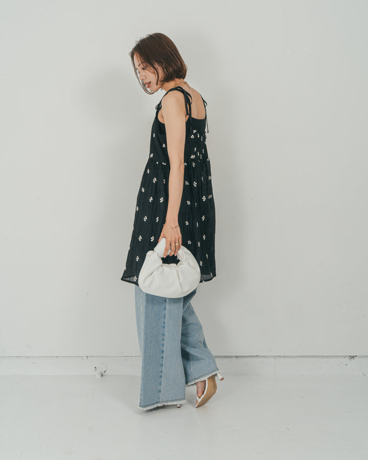 ［SET］ショルダーリボン刺繍Veilキャミ + 10oz ニュアンスバイカラー リラックスワイドデニム（2SET）