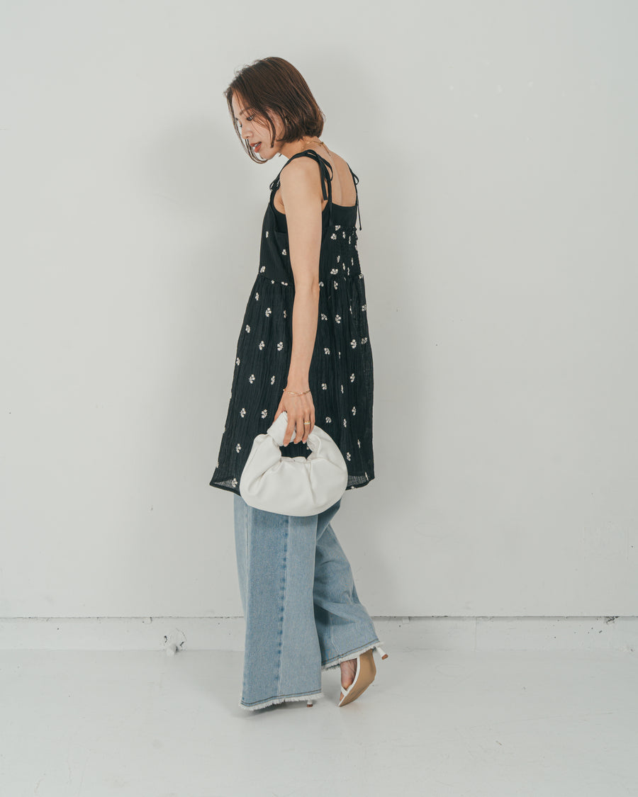 ［SET］ショルダーリボン刺繍Veilキャミ + 10oz ニュアンスバイカラー リラックスワイドデニム（2SET）