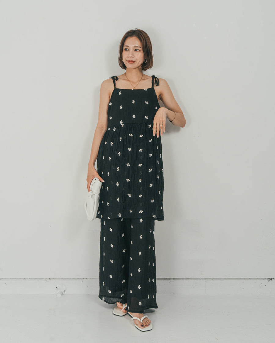 ［SET］ショルダーリボン刺繍Veilキャミ + 刺繍 Veilロングパンツ（2SET）