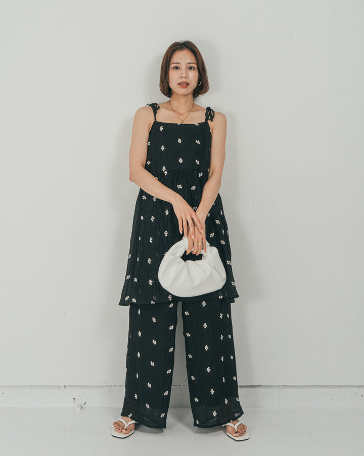 ［SET］ショルダーリボン刺繍Veilキャミ + 刺繍 Veilロングパンツ（2SET）